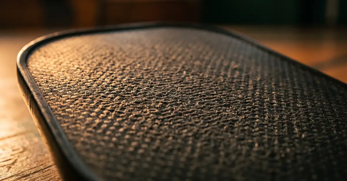 Close-up of a textured carbon fiber pickleball paddle face in warm side light