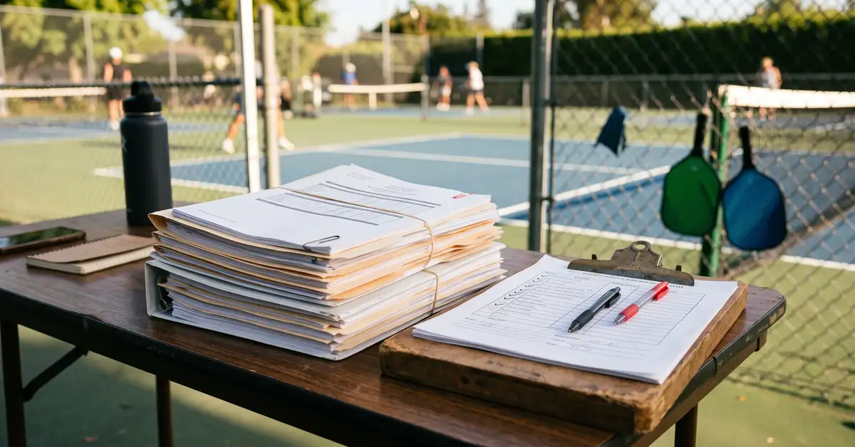 Documents and a clipboard checklist on a court-side table, evoking careful record verification