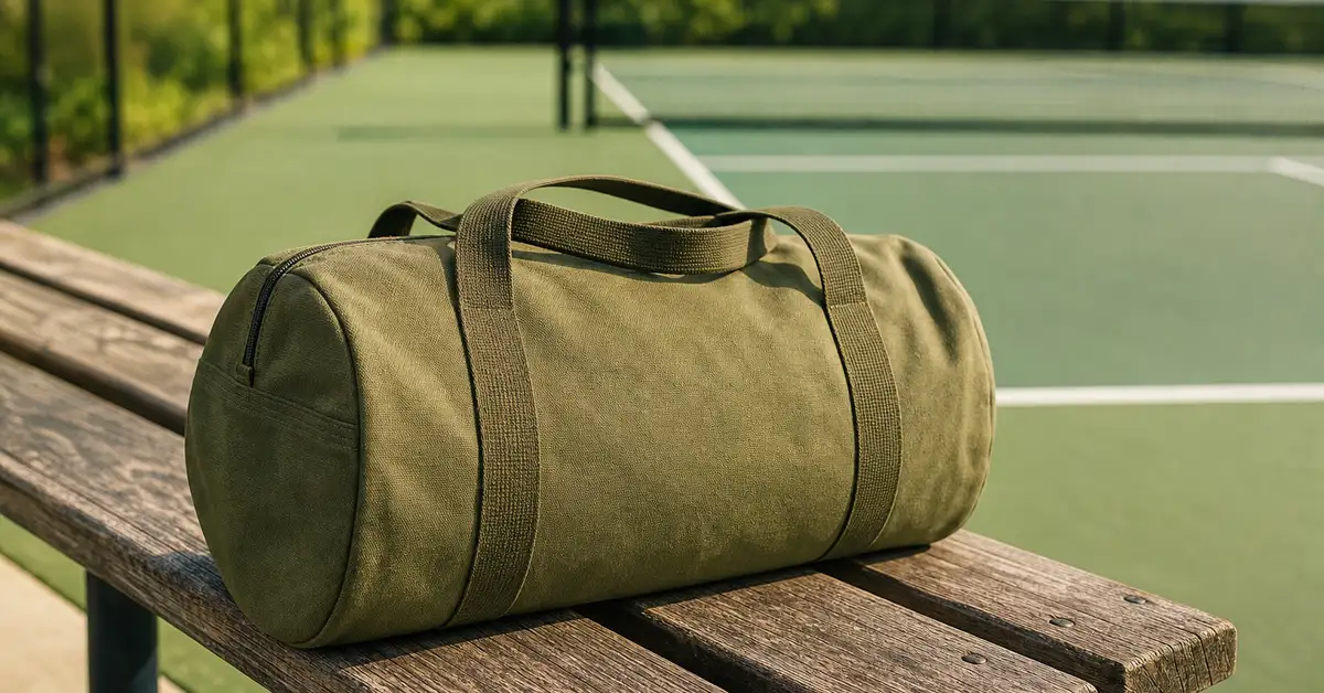 Olive canvas duffel bag resting on a courtside bench with a pickleball court in the background