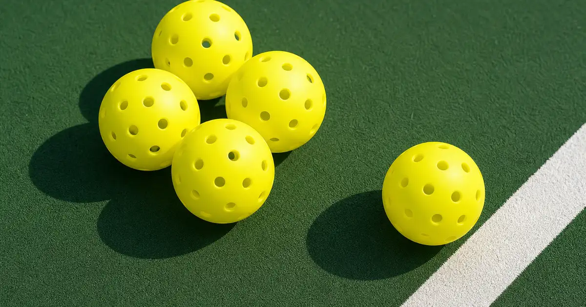 A cluster of yellow perforated pickleballs resting on a green court surface