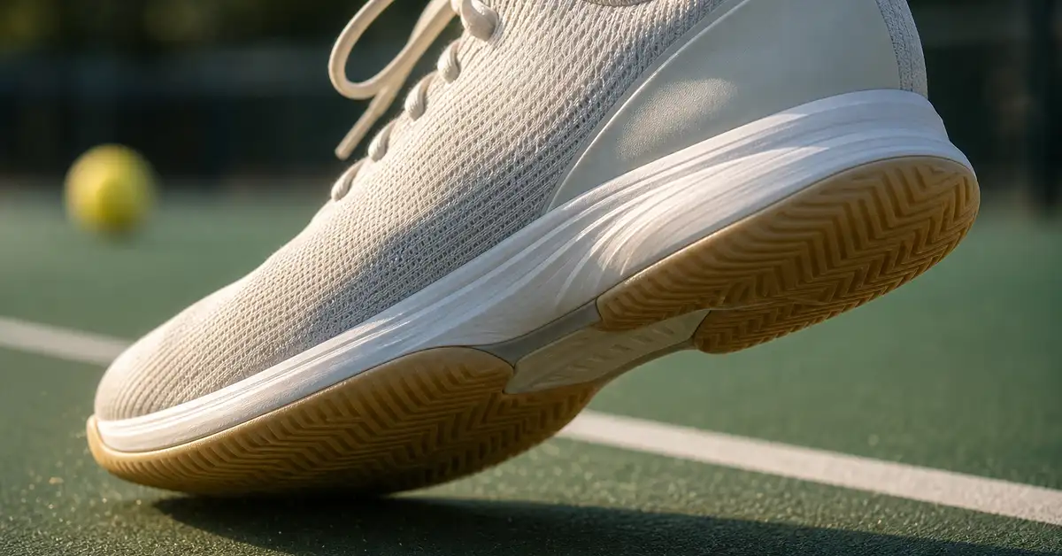 Close-up of a court shoe caught mid-stride on an outdoor pickleball court in warm morning light