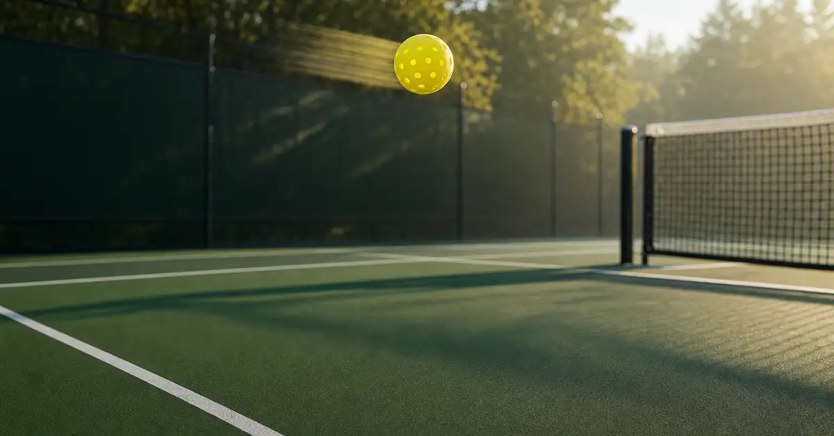 Outdoor pickleball court in bright morning light with a yellow ball caught mid-flight near the net