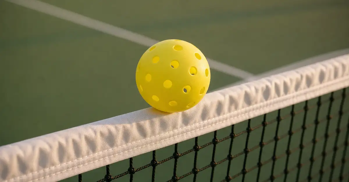 A single yellow pickleball resting on the white tape edge of a pickleball net