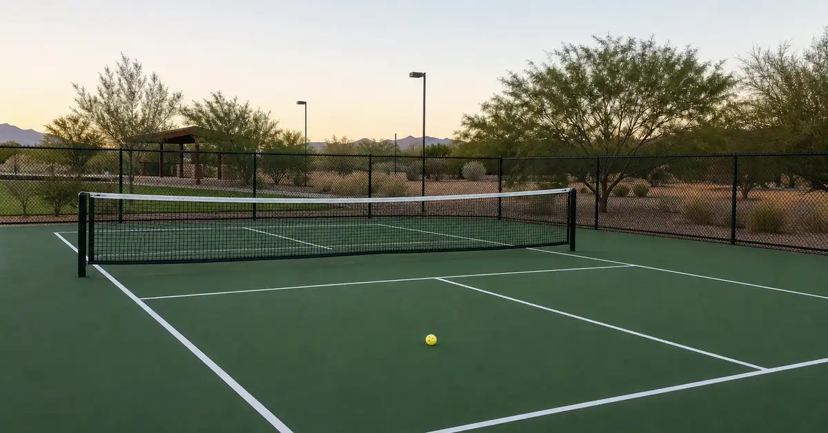 Wide shot of an empty outdoor pickleball court at soft morning light with a single yellow ball near the kitchen line