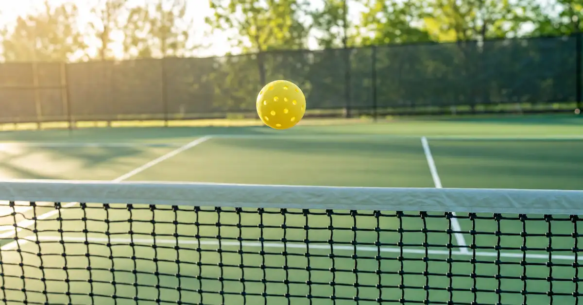 Outdoor pickleball court in bright morning light with a yellow ball caught mid-flight near the net