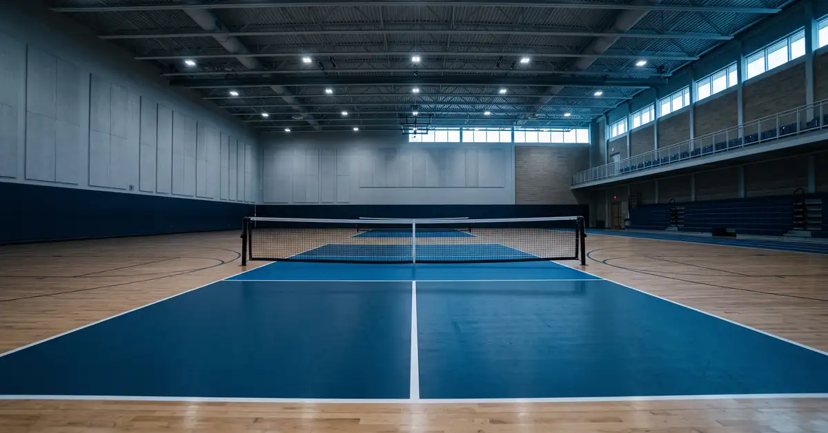 Empty indoor pickleball court from a low angle under cool gymnasium lighting