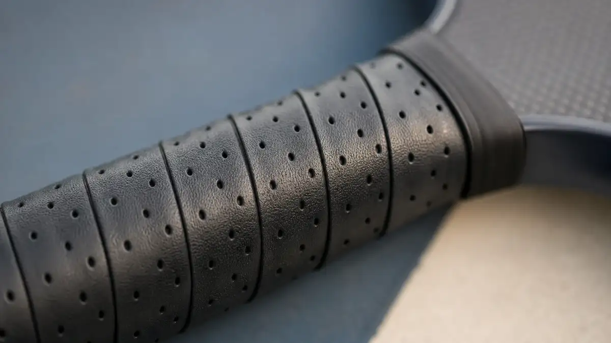 Close-up abstract detail of a pickleball paddle face and edge