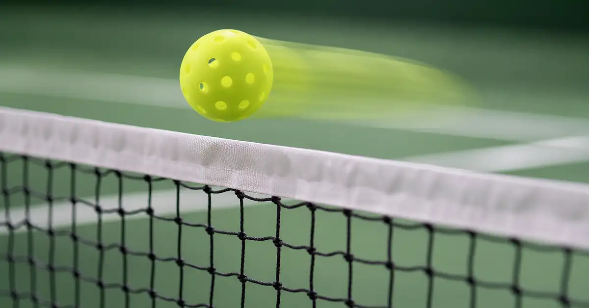 Abstract close-up of a pickleball mid-flight above a net with motion blur, no players visible