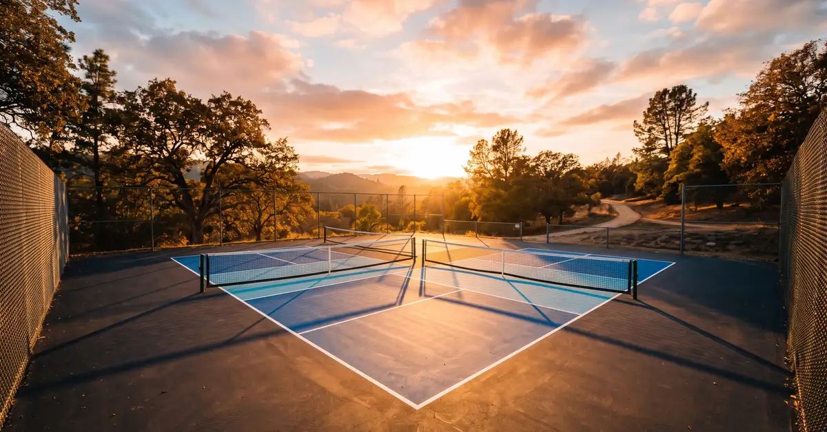 Empty outdoor pickleball court at golden hour with warm sunlight and long shadows across the playing surface