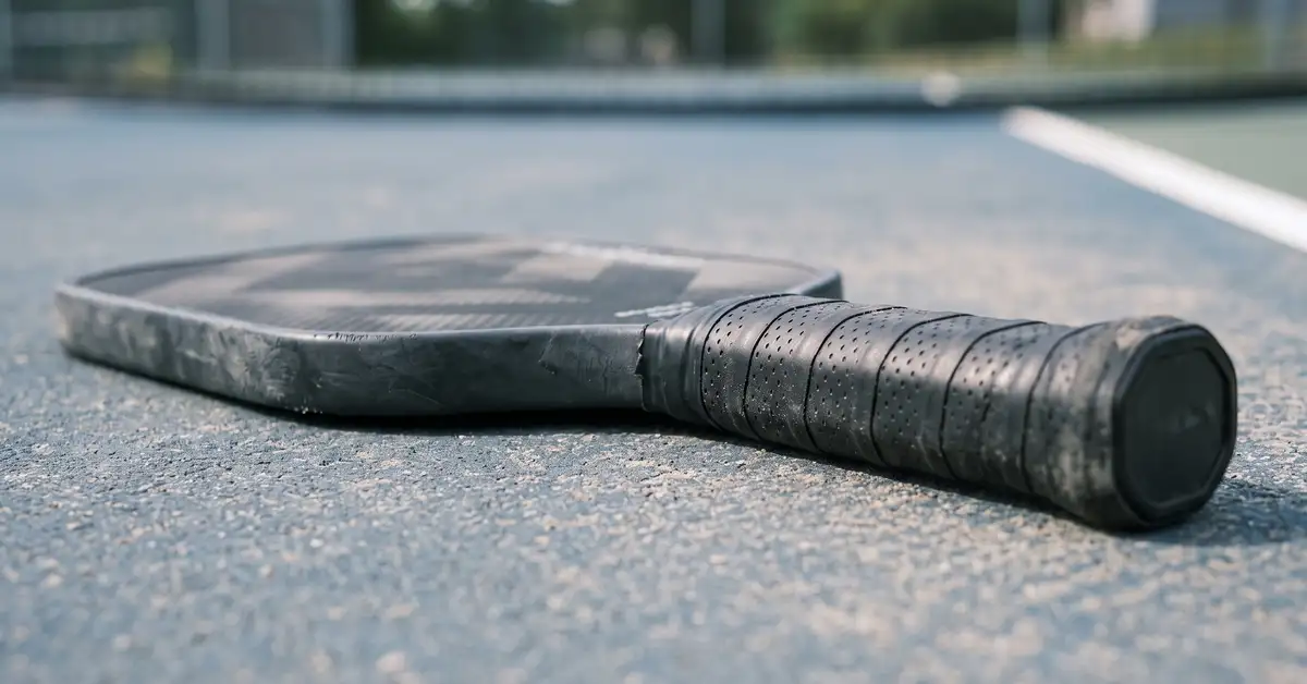 Close-up abstract photograph of a pickleball paddle edge and grip resting on an outdoor court surface