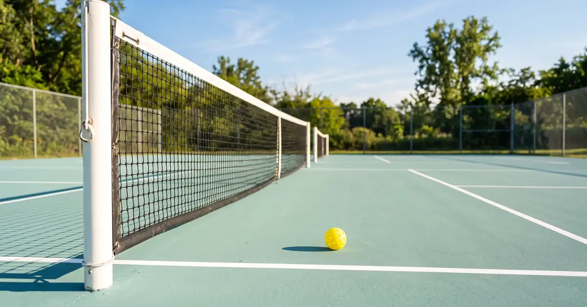 Empty outdoor pickleball court in bright morning light with a yellow ball resting near the net