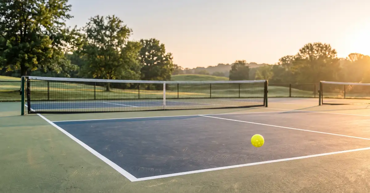 Empty outdoor pickleball court in warm golden-hour morning light with a yellow ball mid-bounce near the baseline