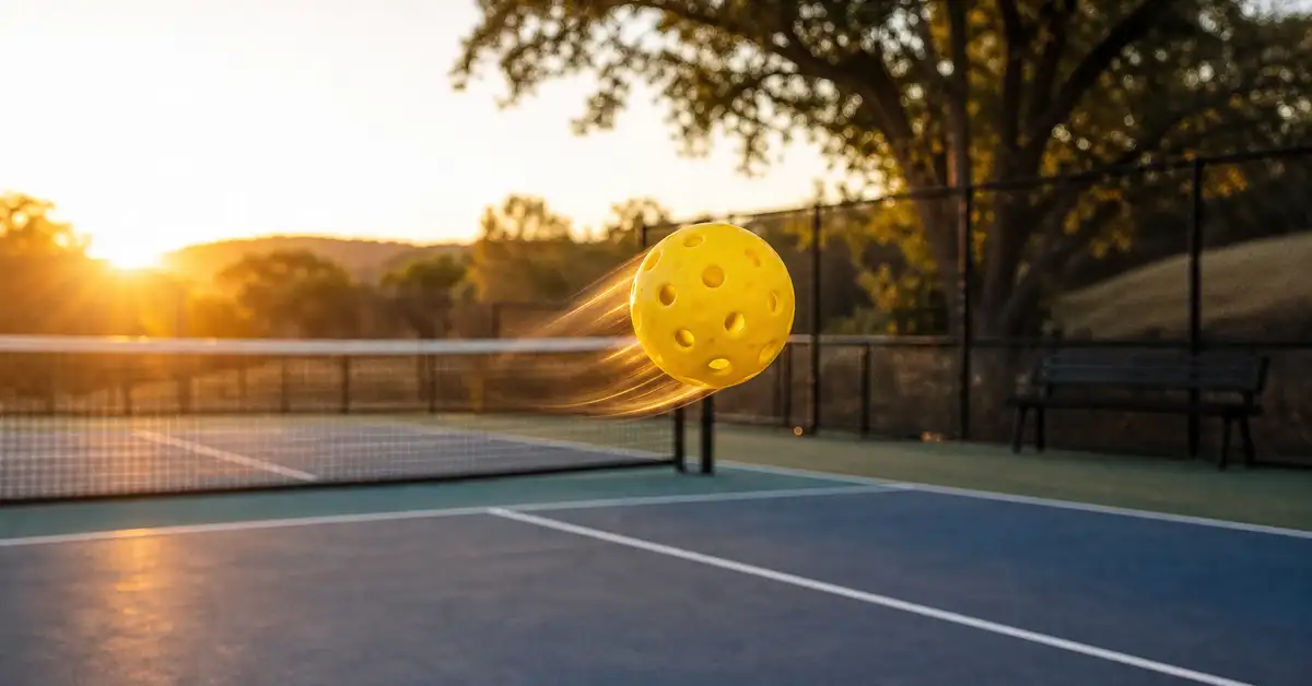 Outdoor pickleball court in warm golden-hour light with a yellow ball frozen mid-flight showing subtle spin motion blur
