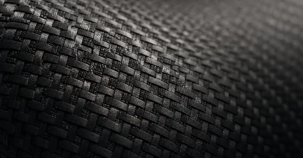 Abstract macro close-up of a dark textured carbon-fiber-like surface catching soft directional light