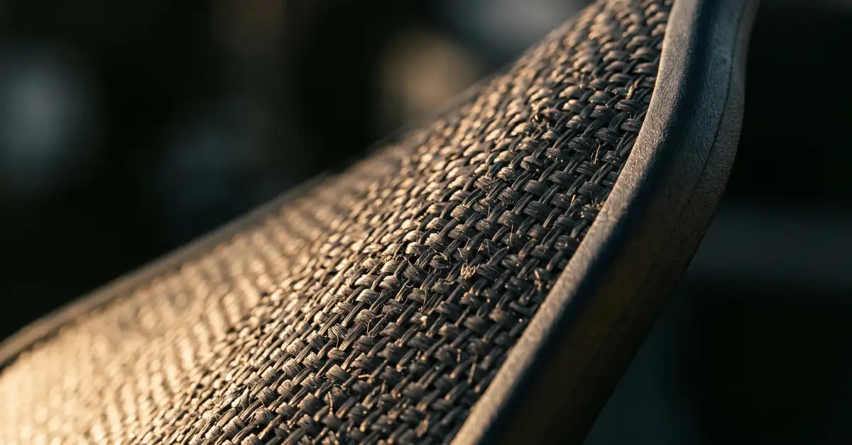 Close-up abstract photograph of a raw carbon-fiber pickleball paddle face texture with warm side lighting