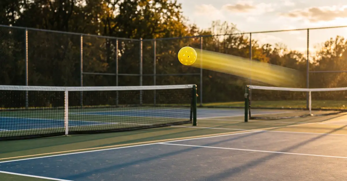 Outdoor pickleball court in golden-hour light with a yellow ball caught mid-flight in a motion blur, suggesting a fast-driven shot