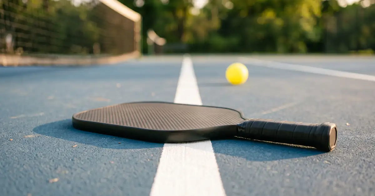 A pickleball paddle with a dark textured carbon-style face resting on a court line in soft afternoon light, a yellow ball blurred behind it